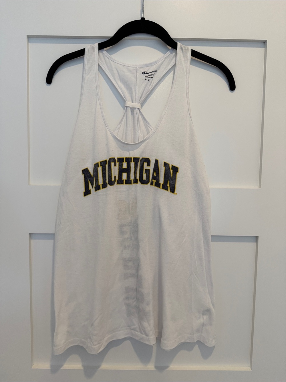 Champion White Michigan Racerback Tank with Navy & Yellow Lettering